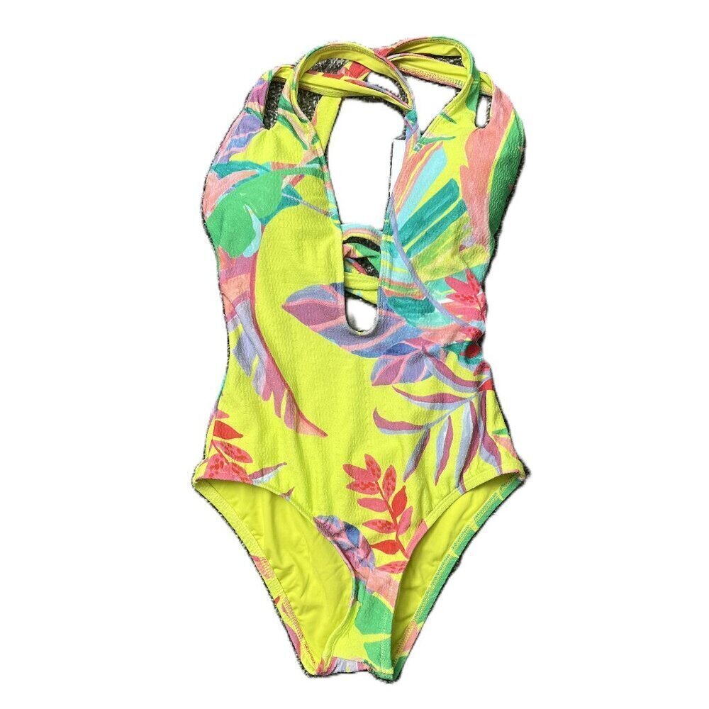 NWT Becca Women's Multicolor Neon Yellow Floral Print One Piece Swimsuit, Small